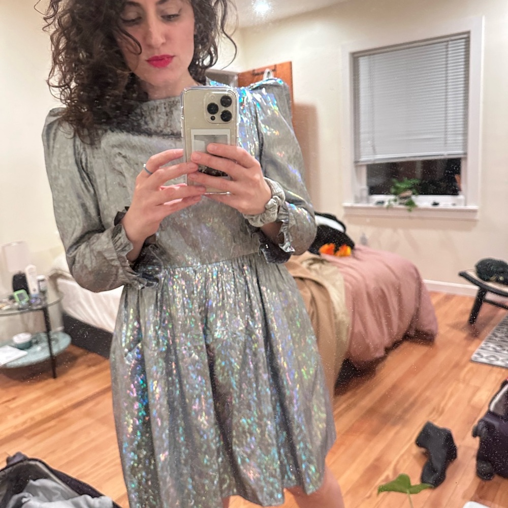 Batsheva Silver Holographic Puff Sleeve Dress